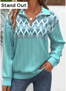 Mint Green Zipper Geometric Print Long Sleeve Sweatshirt