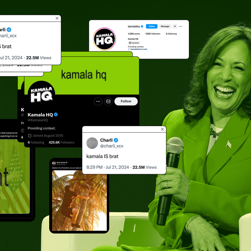 Image may contain: Kamala Harris, Adult, Person, Electrical Device, Microphone, Text, Advertisement, Electronics, and Phone