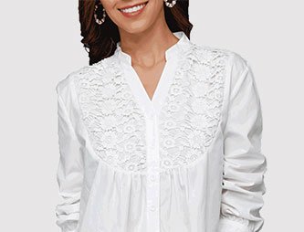 Crochet Detail Button Front Split Neck White Blouse