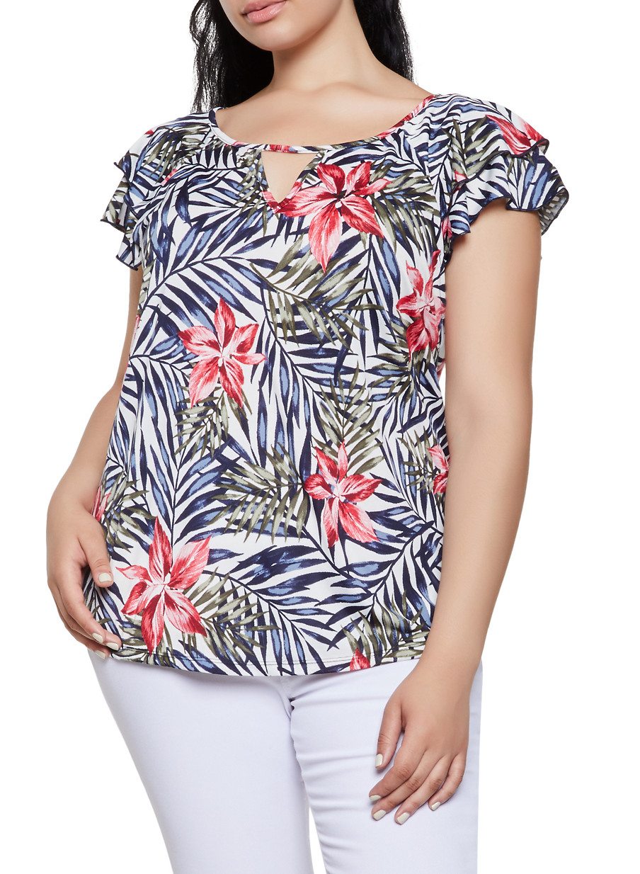 Plus Size Tropical Floral Flutter Sleeve Top