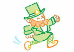 Green leprechaun drawn in crayon smiling and skipping