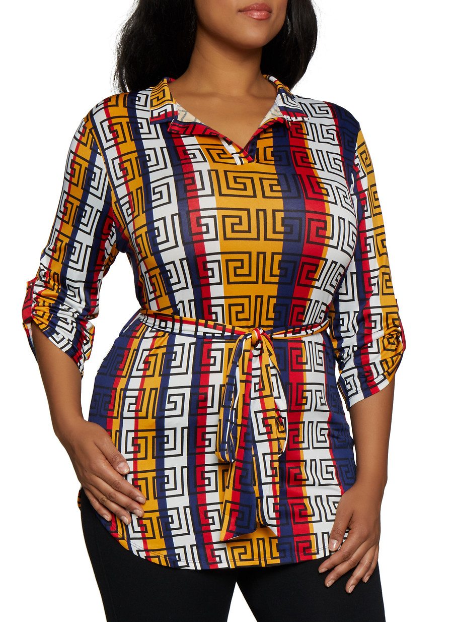 Plus Size Geometric Print Tie Waist Tunic Top