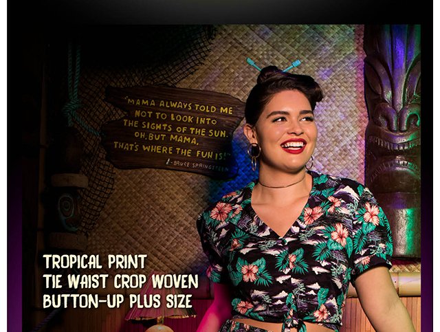 Tropical Print Tie Waist Crop Woven Button-Up Plus Size