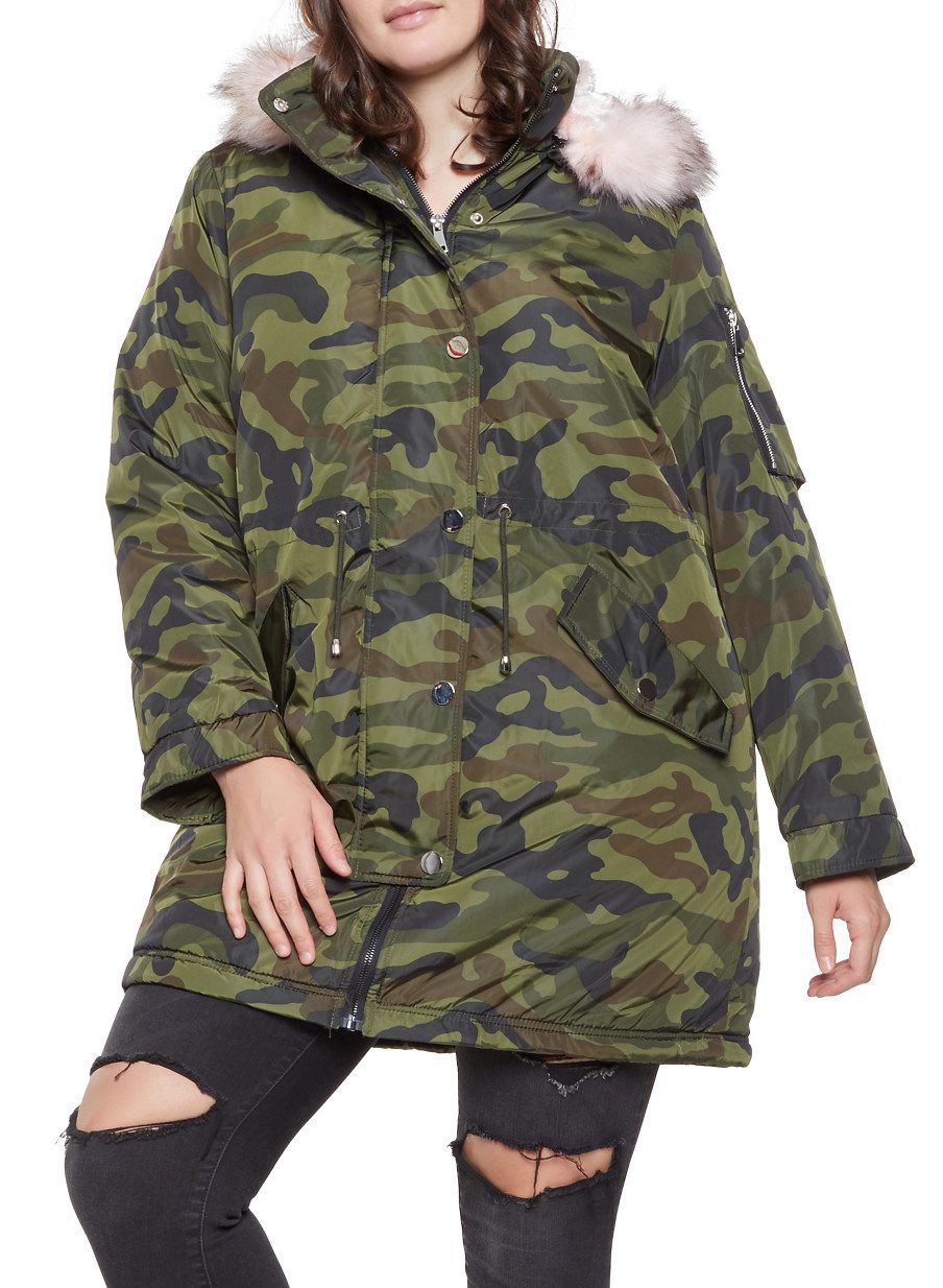 Plus Size Camo Faux Fur Lined Parka