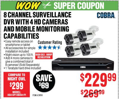 View 8 Channel Surveillance DVR with 4 HD Cameras and Mobile Monitoring Capabilities