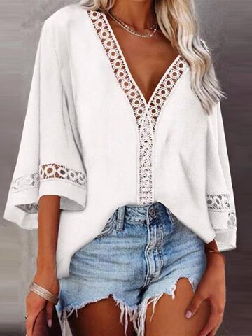 Solid Lace Stitch Loose Blouse