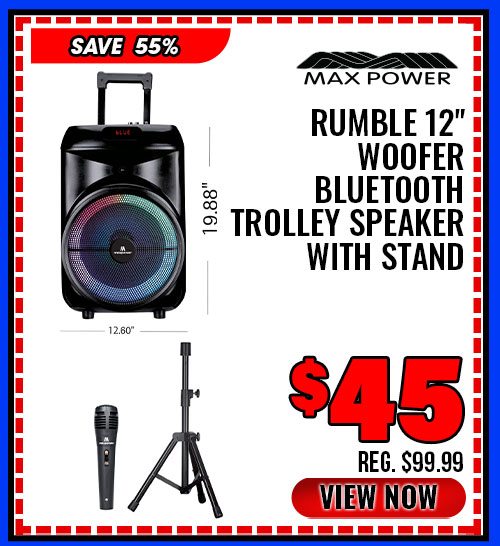 Max Power Rumble 12'' Woofer Bluetooth Trolley Speaker with Stand