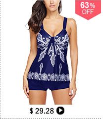 Printed Open Back Navy Padded Tankini Set