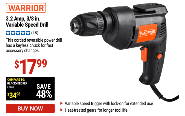 WARRIOR: 3.2 Amp 3/8 In. Variable Speed Drill