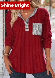 Wine Red Button Long Sleeve Split Neck Sweatshirt