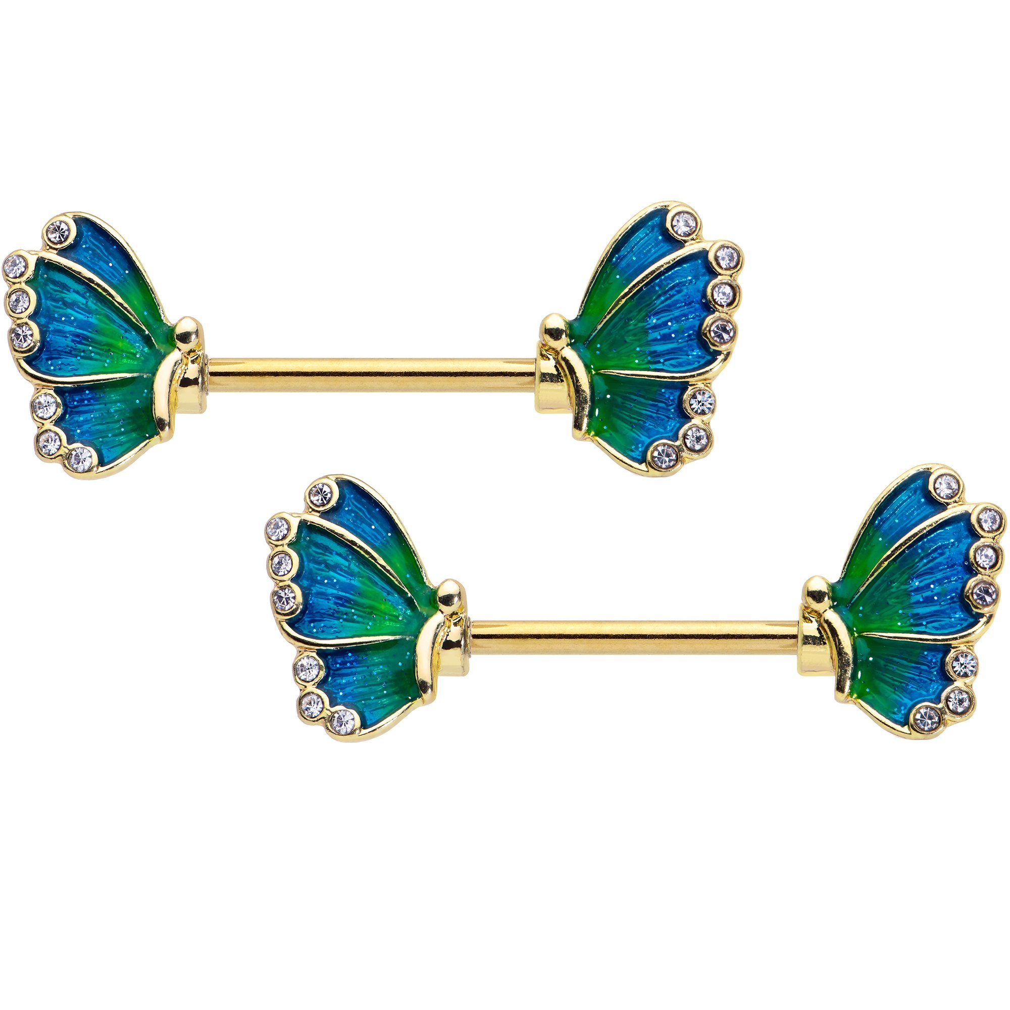 Image of 14 Gauge 9/16 Clear Gem Gold Tone Blues Butterfly Nipple Ring Set