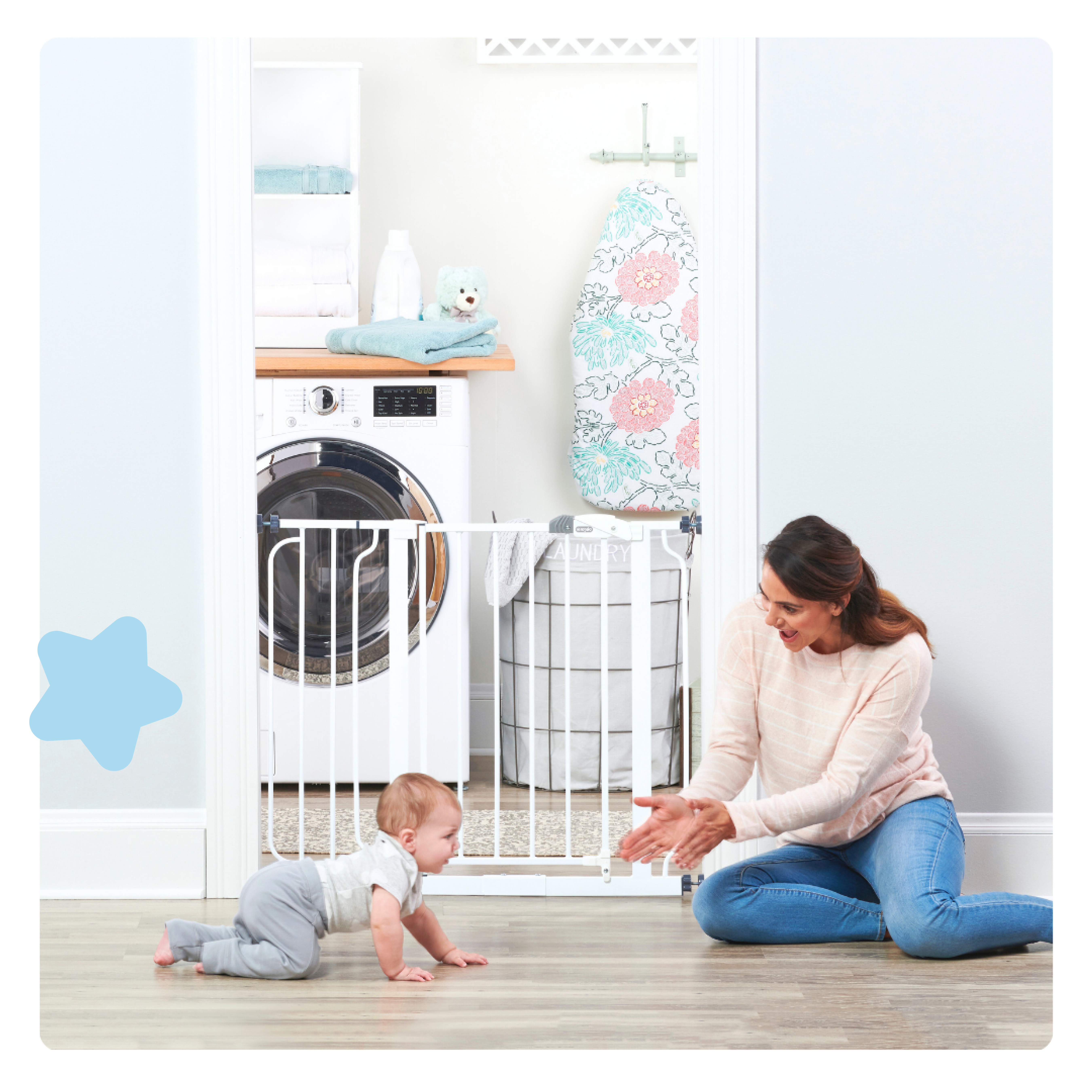 Baby Crawling to Mom in front of Easy Step Safety Gate