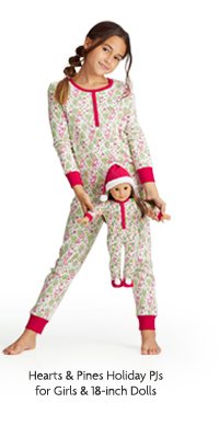 Hearts & Pines Holiday PJs for girls & 18-inch Dolls