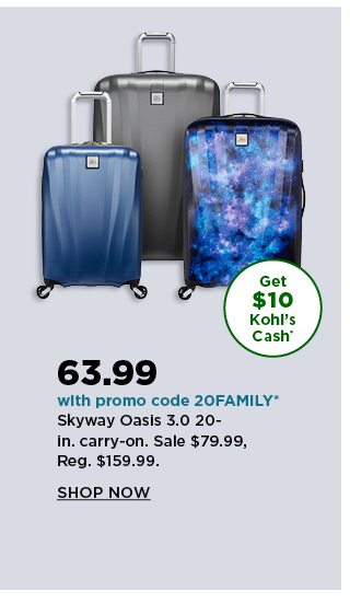 your price 63.99 skyway oasis 3.0 20-inch carry-on after you enter promo code 20FAMILY at checkout. 