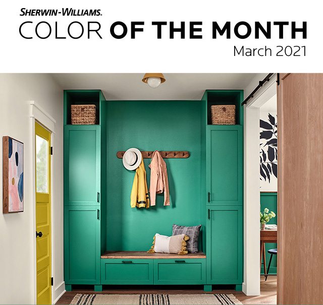 Sherwin-Williams Color of the Month March 2021. Image of an entryway painted in Alesandrite