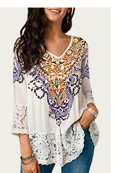 Three Quarter Sleeve Lace Patchwork White Blouse