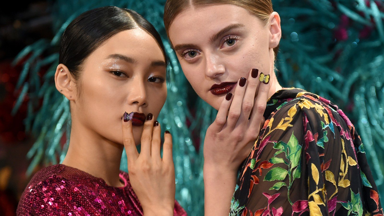 Alice + Olivia hand-painted acrylic butterflies nail art