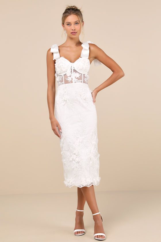 Image of Exquisite Charisma White 3D Floral Bustier Tie-Strap Midi Dress