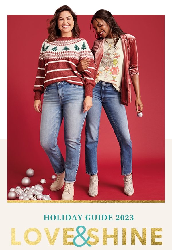 Holiday guide 2023. Love & shine. Models wearing maurices clothing.
