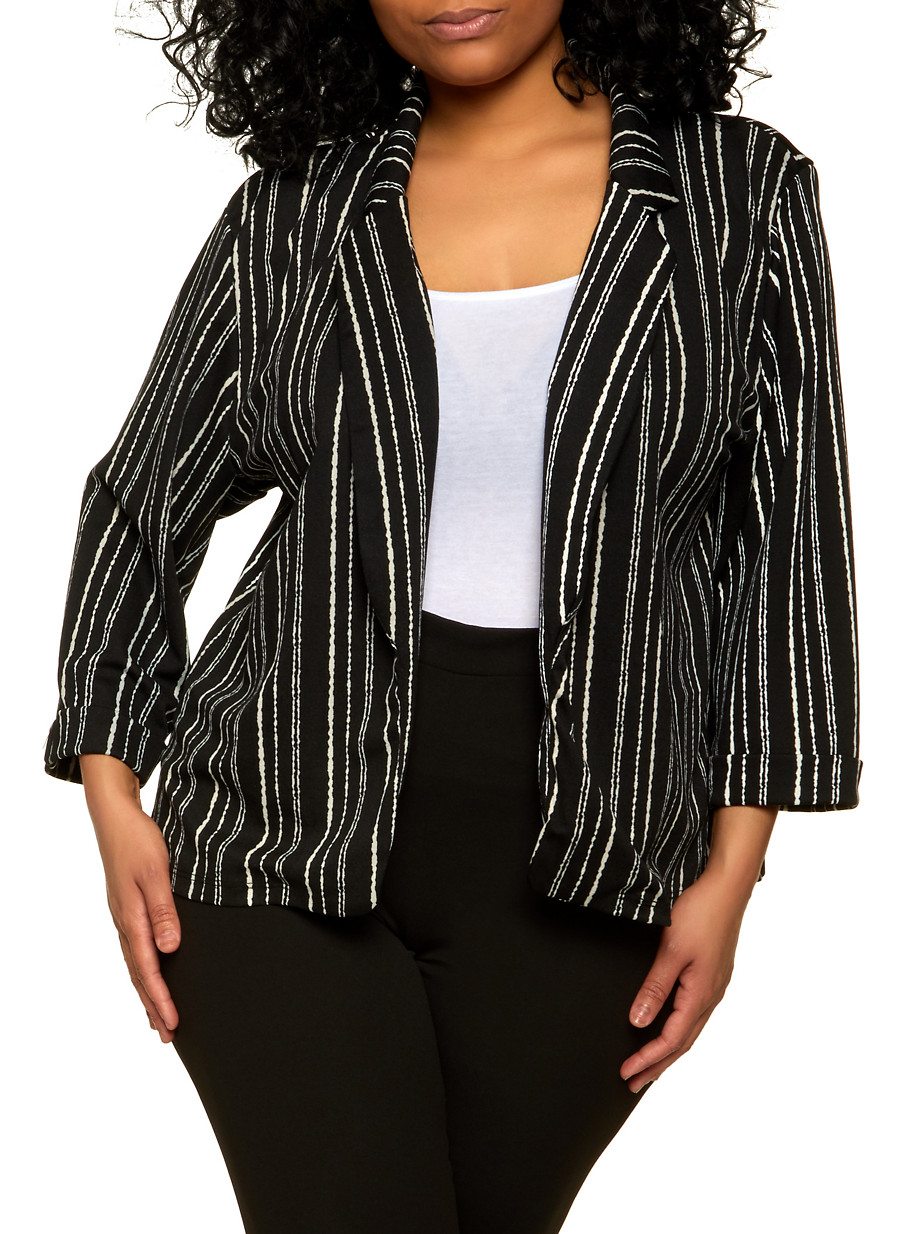 Plus Size Striped Cuffed Sleeve Open Front Blazer