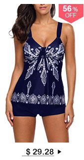 Printed Open Back Navy Padded Tankini Set