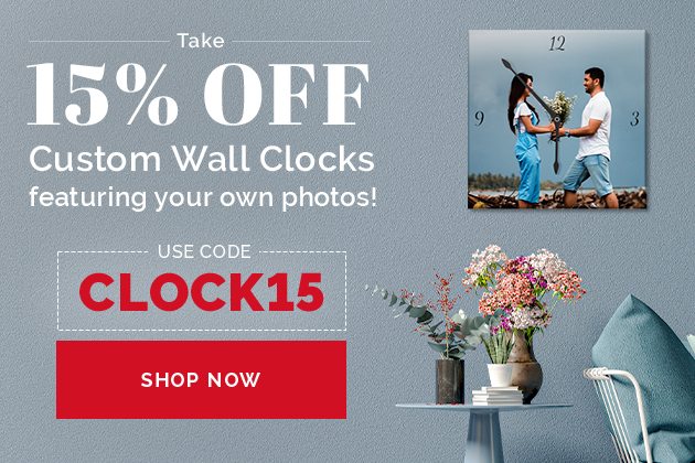 Take 15% Off Custom Wall Clocks featuring your own photos!