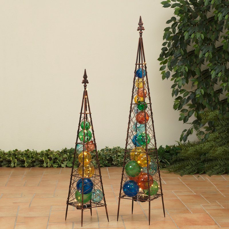 Clearance Multi Color Metal Garden Obelisk with Lights and Glass Balls - Set of 2