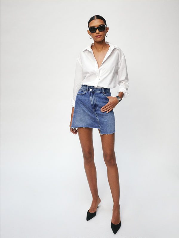 Ellie Asymmetric Denim Mini Skirt Seneca