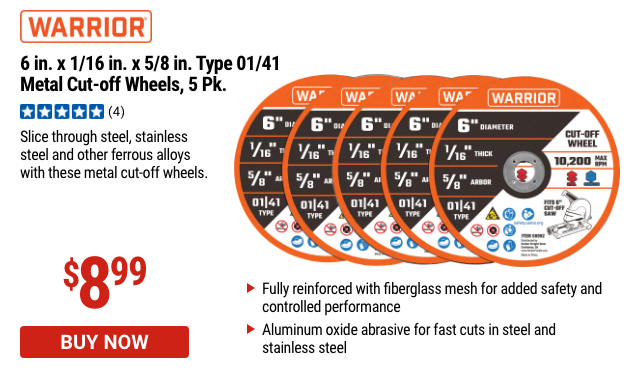 Warrior: 6in x 1/16 in. x 5/8 in. Type 01/41 Metal Cut Off Wheels, 5 pk