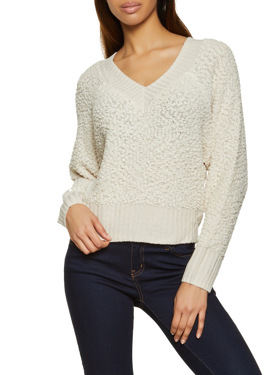 V Neck Popcorn Knit Sweater