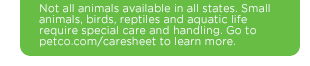 Not all animals available in all states. Small animals, birds, reptiles and aquatic life require special care and handling. Go to petco.com/caresheet to learn more.