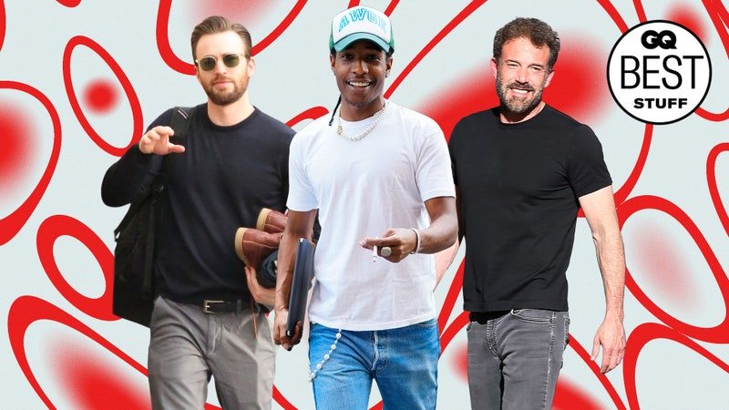 A collage of A$AP Rocky, Clothing, Apparel, Ben Affleck, Chris Evans, all wearing different undershirts on a colorful background