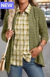 Avocado Green Plaid Long Sleeve Fake Two Piece Twinset