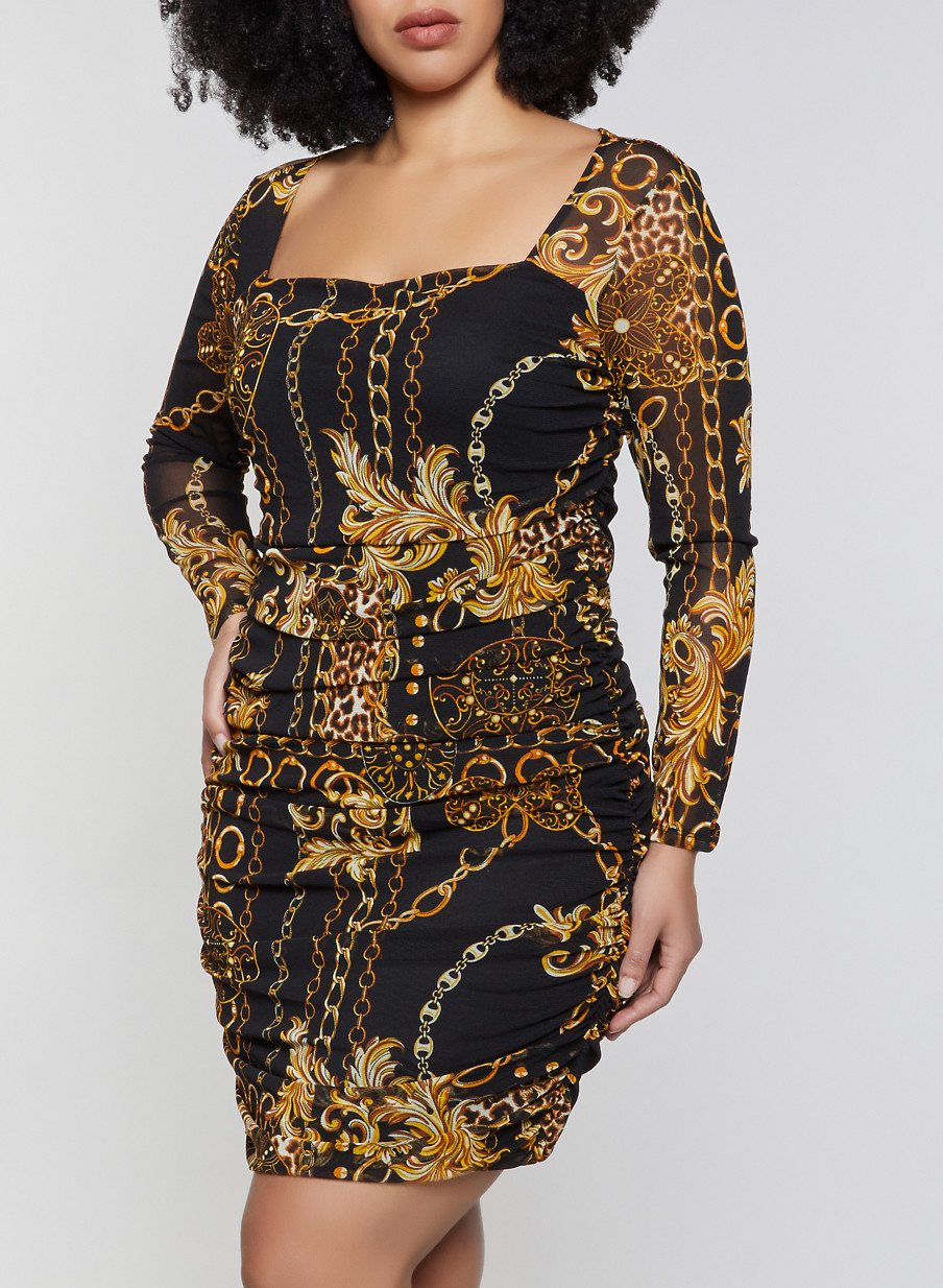 Plus Size Chain Print Mesh Bodycon Dress