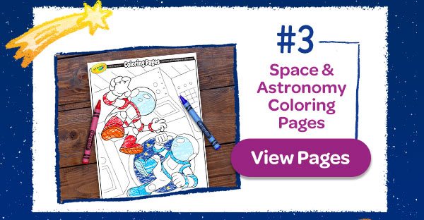 Space coloring page of two floating astronauts partially colored in with red and blue crayons