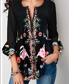 Three Quarter Sleeve Printed Black Blouse