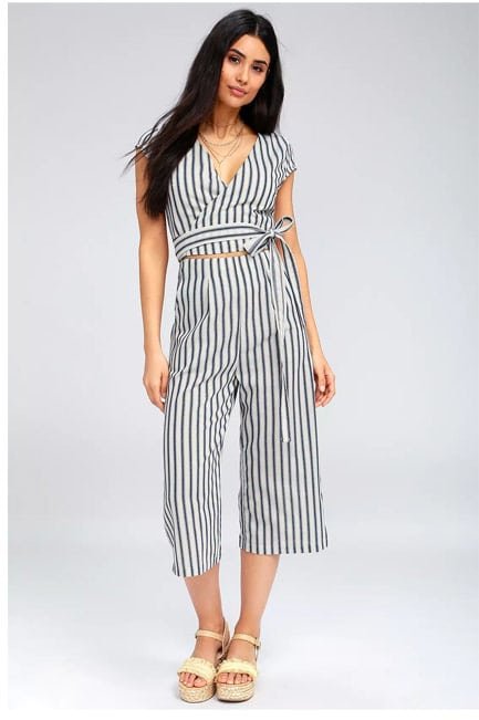 Jetset To Go Blue And White Striped Wrap Culotte Jumpsuit