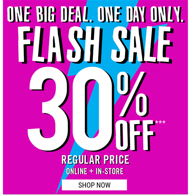 One Big Deal. One Day Only. Flash Sale 30% Off Regular Price Online + In-Store
