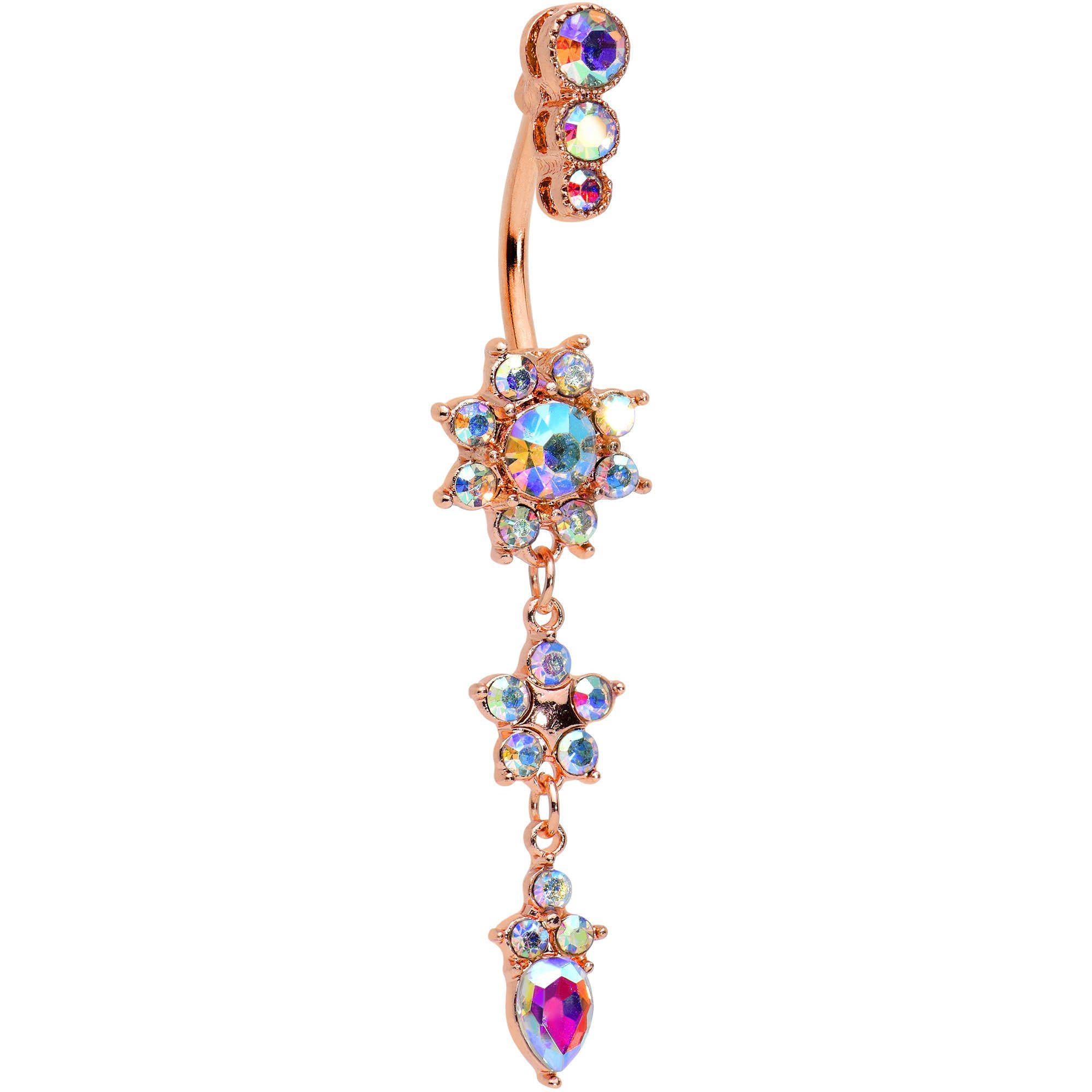 Image of Aurora Gem Rose Gold Tone Triple Drop Star Dangle Belly Ring