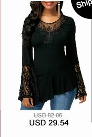 Flare Sleeve Asymmetric Hem Lace Patchwork Blouse