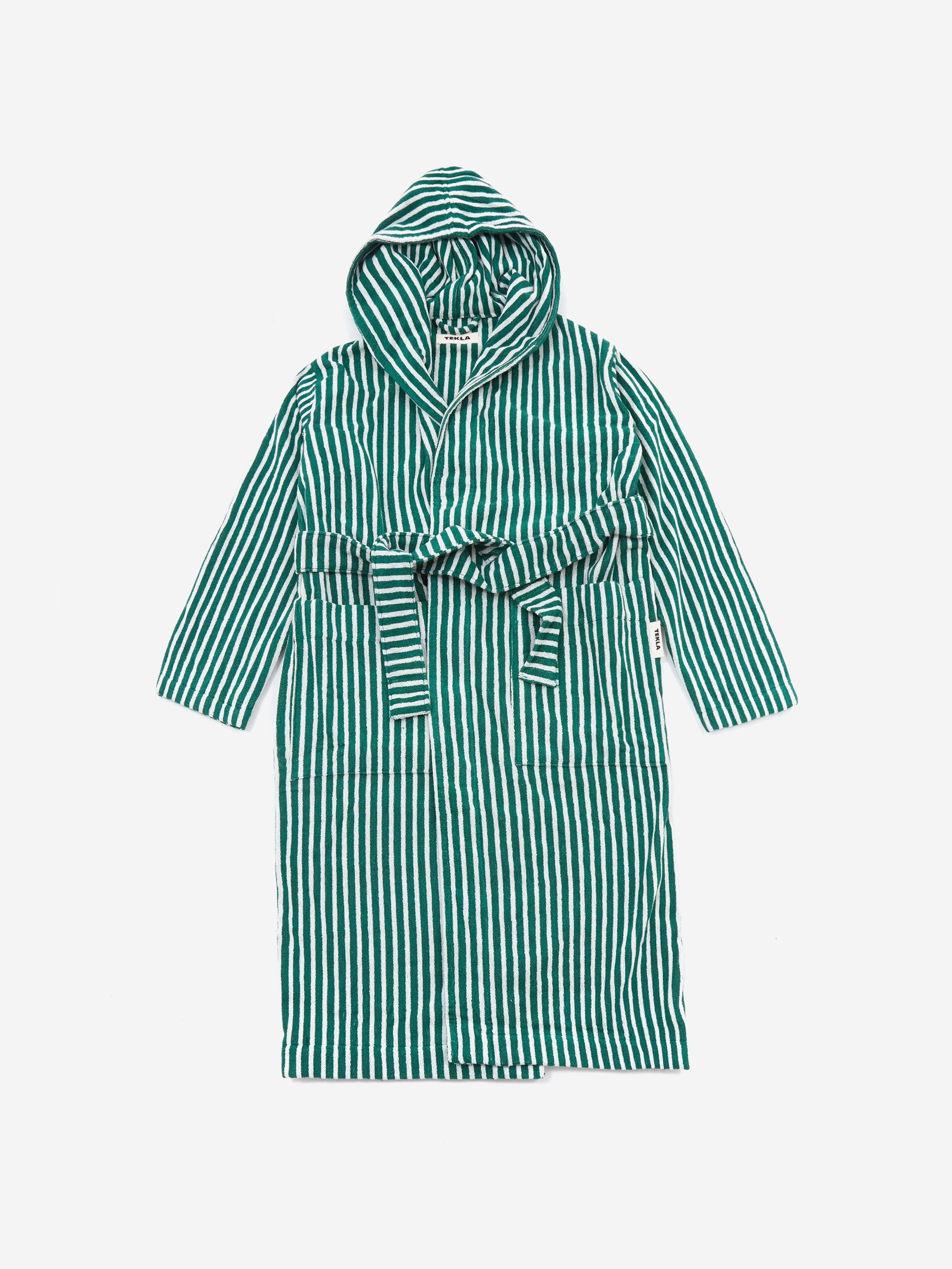 Image of TEKLA Hooded Striped Bathrobe - Teal Green