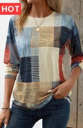 Beige Patchwork Geometric Print Long Sleeve T Shirt