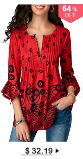 Pleated Button Detail Flare Sleeve Red Blouse