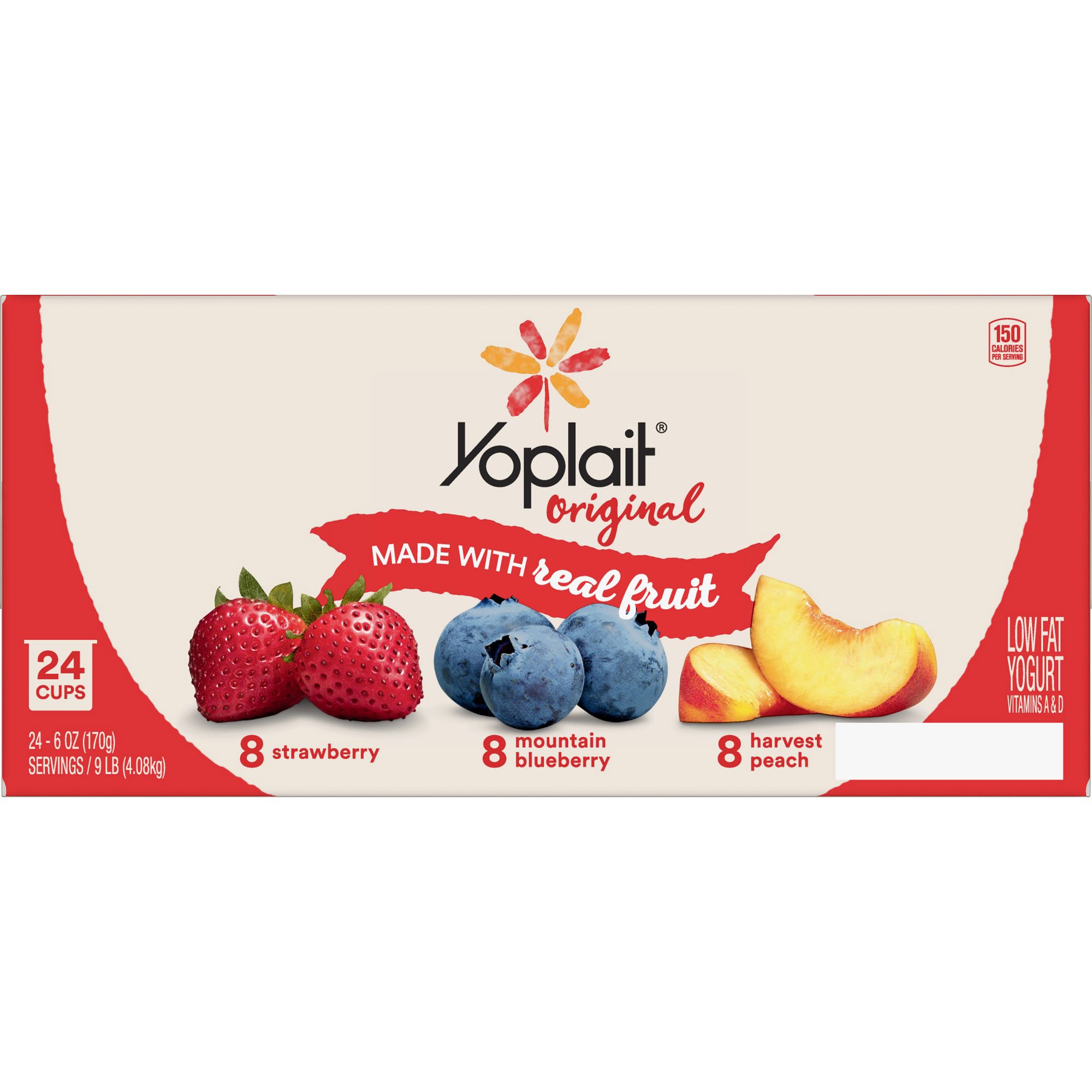 Yoplait Original Strawberry/Mountain Blueberry/Harvest Peach Variety Pack Low Fat Yogurt, 24-Count, 6 Ounces Each