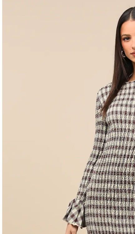 Image of Poised Enthusiasm Brown Gingham Smocked Mini Dress