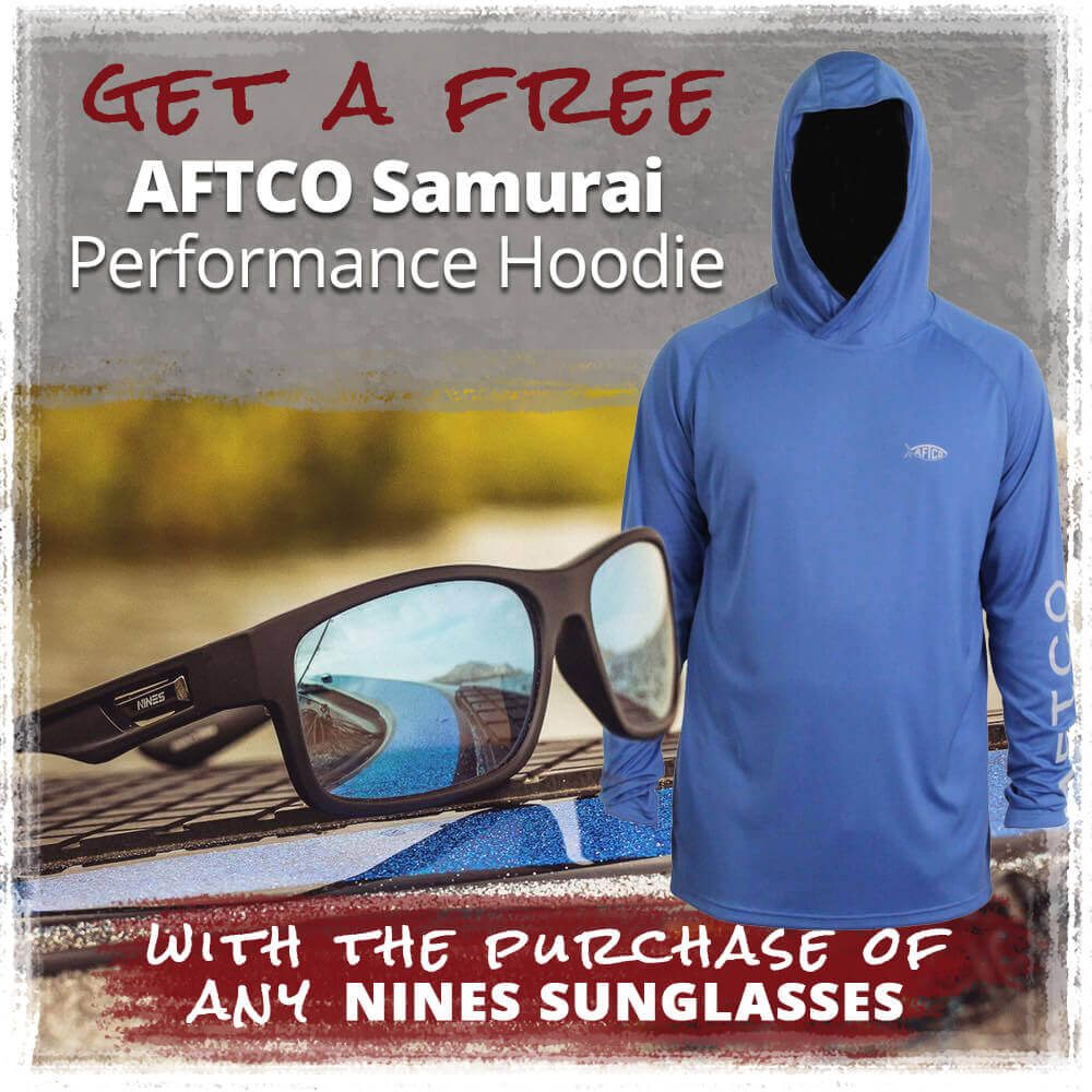 Get a FREE AFTCO Samurai 2 Long Sleeve Performance Hoodie with the purchase of any Nines Optical Sunglasses