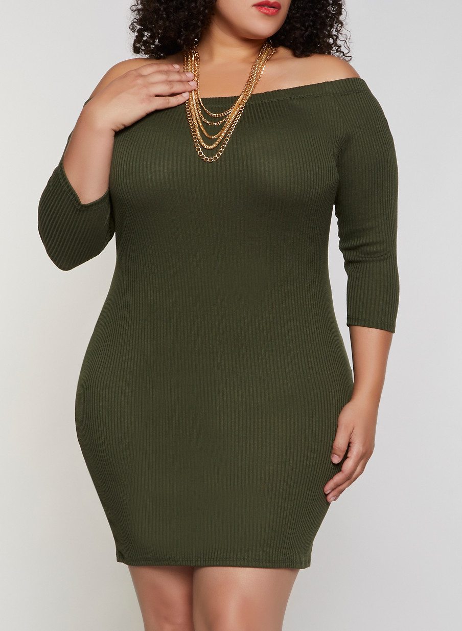 Plus Size Ribbed Off the Shoulder Bodycon Dress