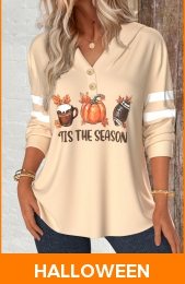 Halloween Light Camel Button Pumpkin Print Long Sleeve Hoodie