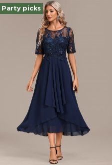 ROTITA Lace Navy Round Neck Short Sleeve Dress