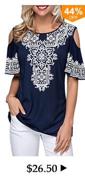 Retro Print Cold Shoulder Half Sleeve T Shirt